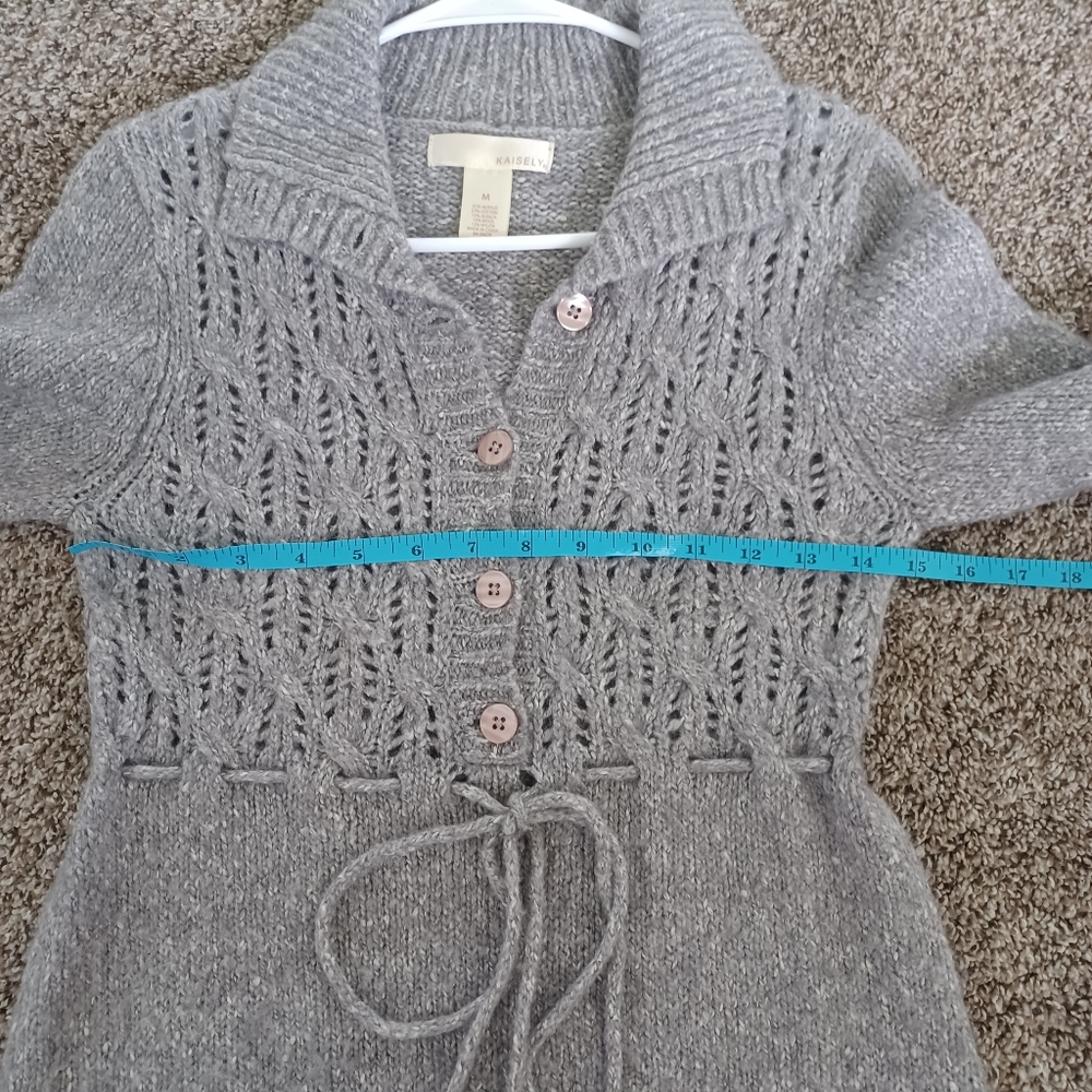 Kaisely Gray Wool Blend Knit Pom Pom Tie Waist Alpaca Sweater - Picture 5 of 7